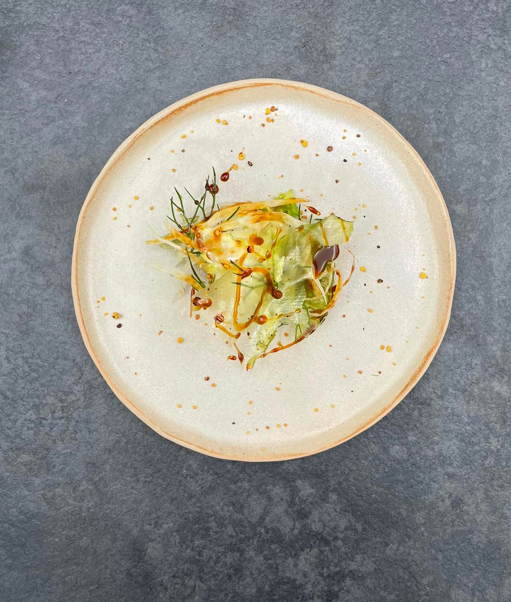 Plat du restaurant Thierry Schwartz. Après la récolte, le Chef offre une retranscription des effluves anisées à travers une salade de printemps au fenouil, pollen et œufs de brochet.